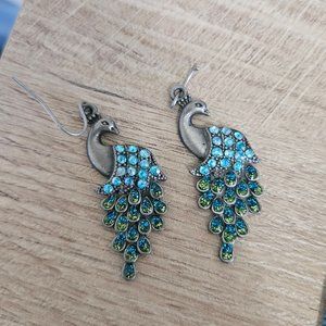 Blue Green and Silver Peacock Dangle Earrings